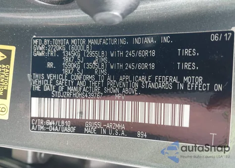 2017 Toyota Highlander Xle из США, поврежденный, VIN 5TDJZRFH0HS439767